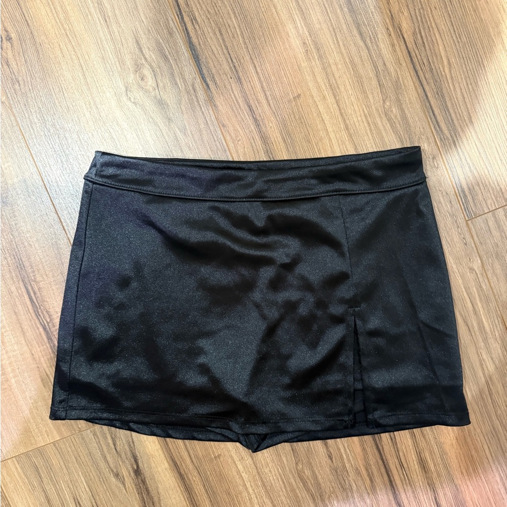 Blue Blush Black Satin Mini Skort with Side Slit
